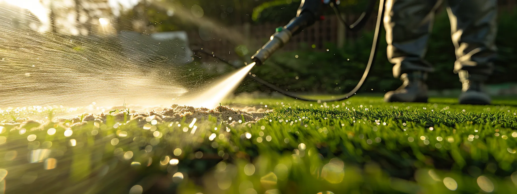 a person using a high-pressure hose to clean artificial grass, with sand for drainage visible in the background.