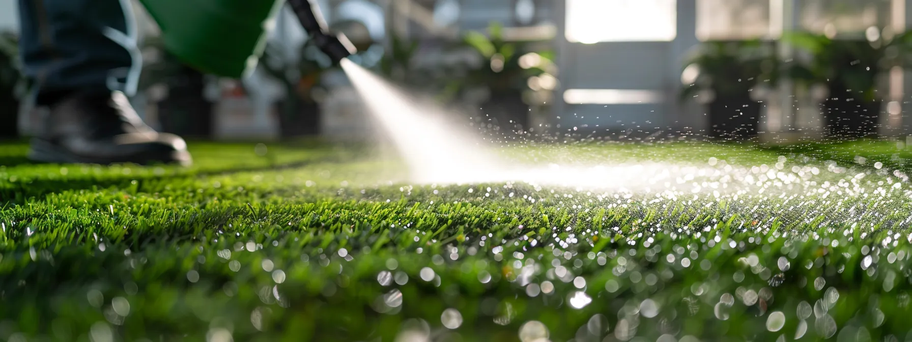 a powerful enzyme cleaner being sprayed on artificial grass to eliminate stubborn odors, with a professional cleaning service team working in the background.