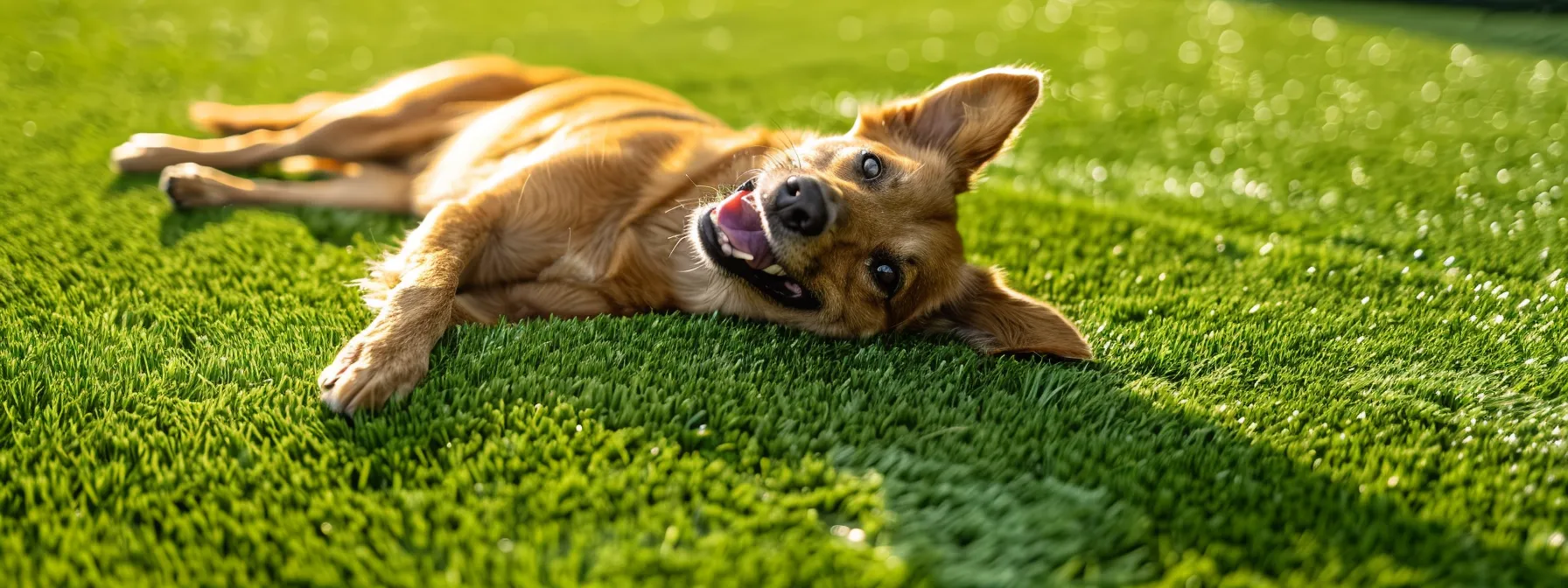 a vibrant green artificial grass field with a smiling dog happily rolling around, showcasing odor-control infill and antimicrobial technologies for pet-friendly turf.