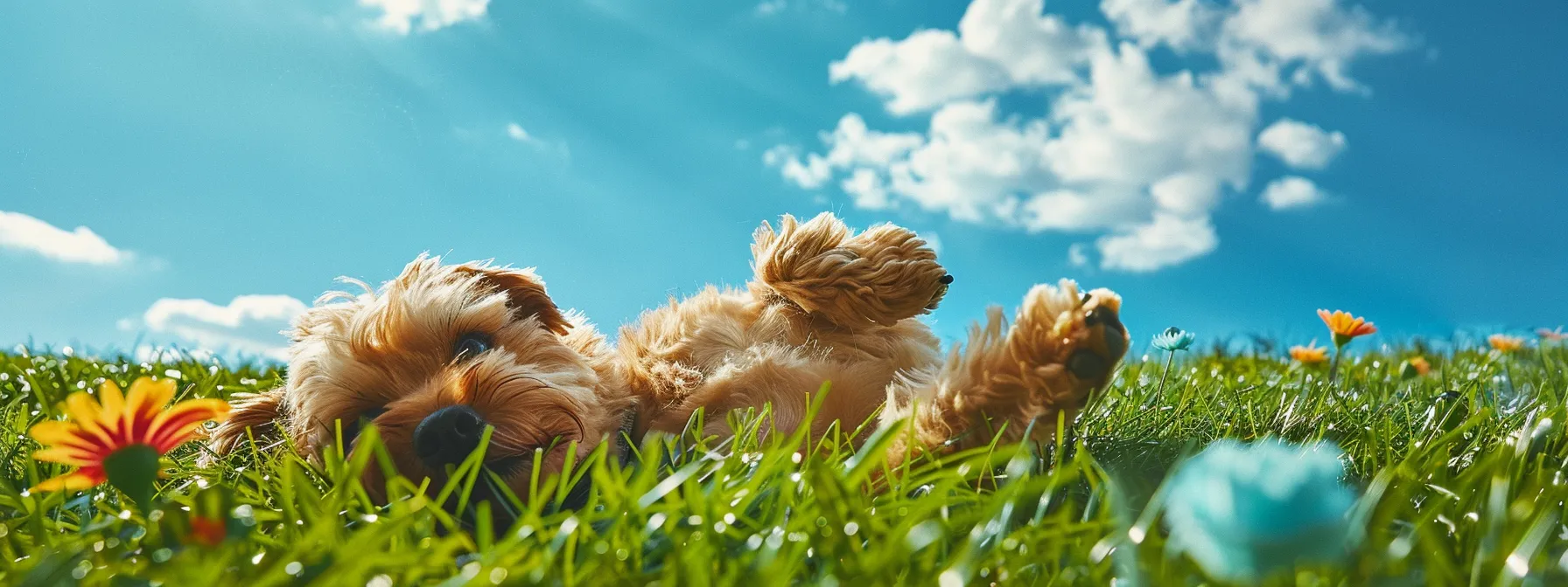 a vibrant green artificial grass lawn with a playful dog rolling around, surrounded by fresh flowers and a bright blue sky.