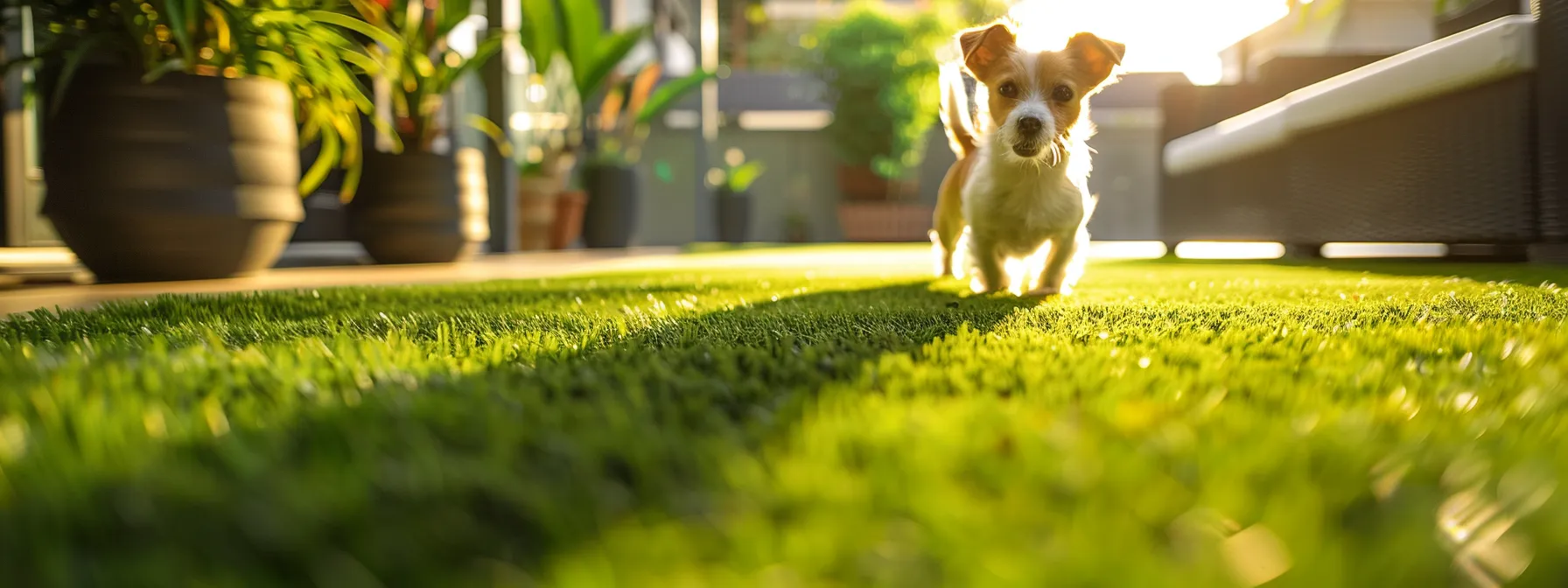 a vibrant, lush artificial grass field with a pet enjoying a designated area, surrounded by a well-designed drainage system and a breathable base layer.